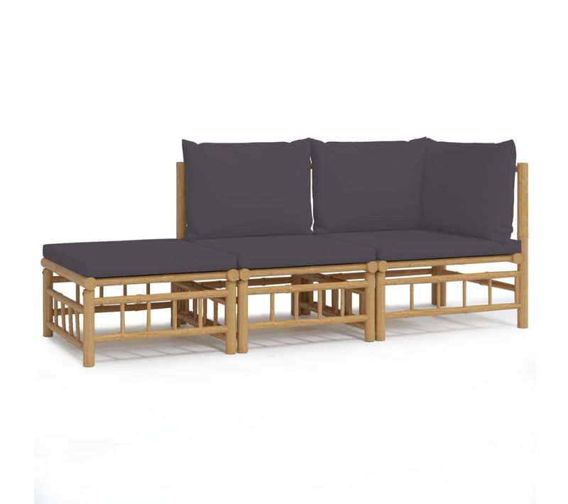 Salon De Jardin 3 PCs Avec Coussins Gris Foncé Bambou