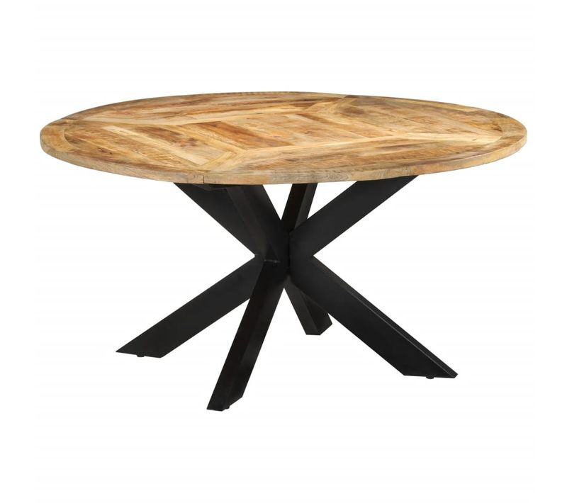 Table à Manger Ronde 150 Cm Bois De Manguier Massif Noir Avec Pieds En Fer