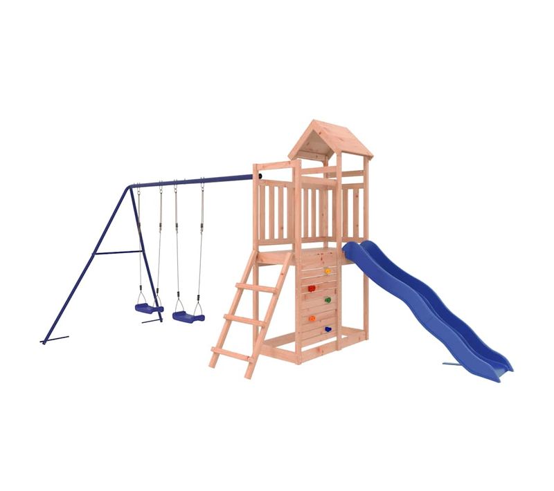 Aire De Jeu Extérieure Bois Massif Douglas 5 Éléments Toboggan Et Balancelles Bleu