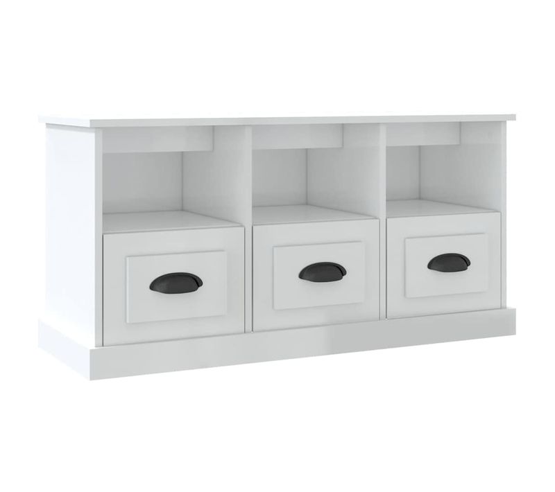Meuble TV Blanc Brillant 100x35x50 Cm Bois Contreplaqué