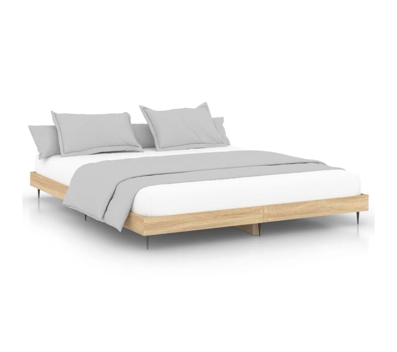 Cadre De Lit 140x200 Cm Chêne Sonoma Bois Contreplaqué Pieds En Métal Lattes En Contreplaqué