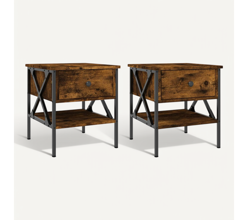 Tables De Chevet 2 Pièces Chêne Fumé 40x42x45 Cm Bois Contreplaqué