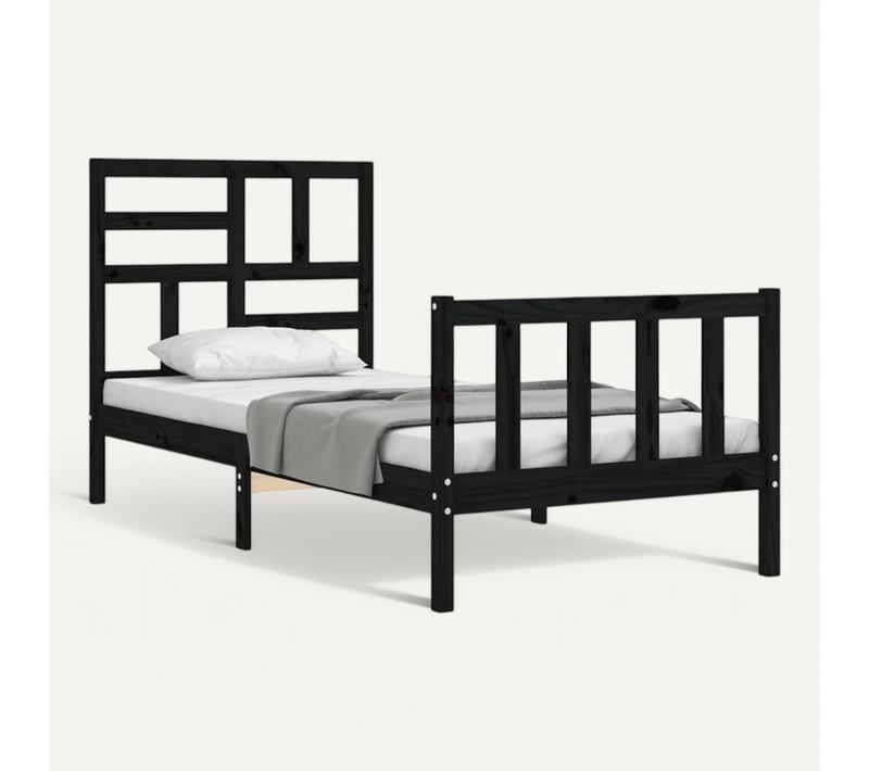 Cadre De Lit Avec Tête De Lit Noir Petit Simple Bois Massif 190x75