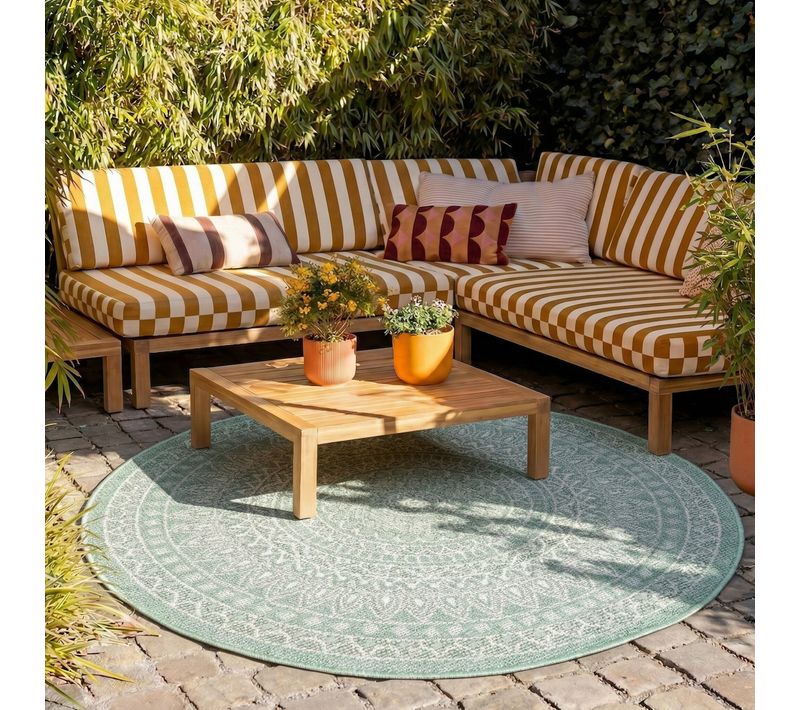Tapis D'extérieur Rond - Summer Azteca Vert - Rond - D. 120 Cm