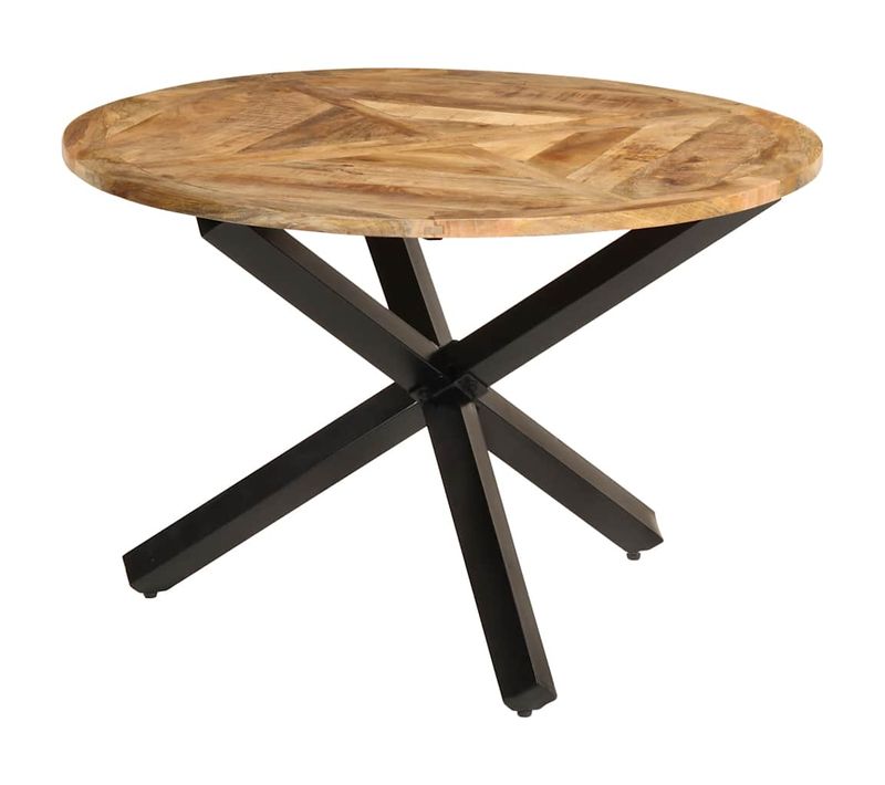 Table À Manger Ronde D.110 Cm Bois Massif De Manguier Brut Métal