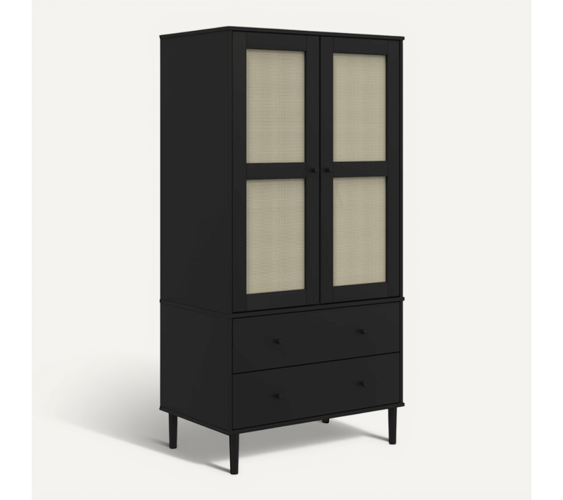 Armoire Senja Aspect Rotin Noir 90x55x175 Cm Bois Massif Pin