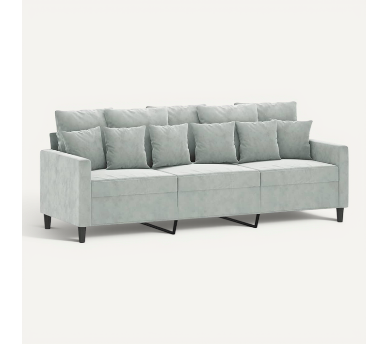 Canapé 3 Places Gris Clair 180 Cm Velours Mousse Métal Durable