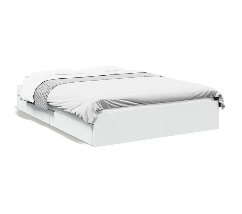 Cadre De Lit Blanc 140x190 Cm Avec Tiroirs Bois Contreplaqué Rangement Pratique