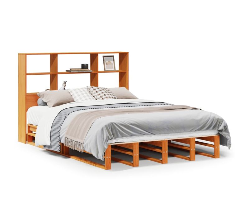 Lit Bibliothèque Sans Matelas Cire Marron 150x200cm Bois Massif