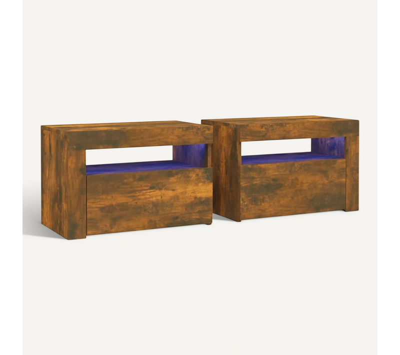 Tables De Chevet 2 Pièces Avec LED Chêne Fumé 60x35x40 Cm