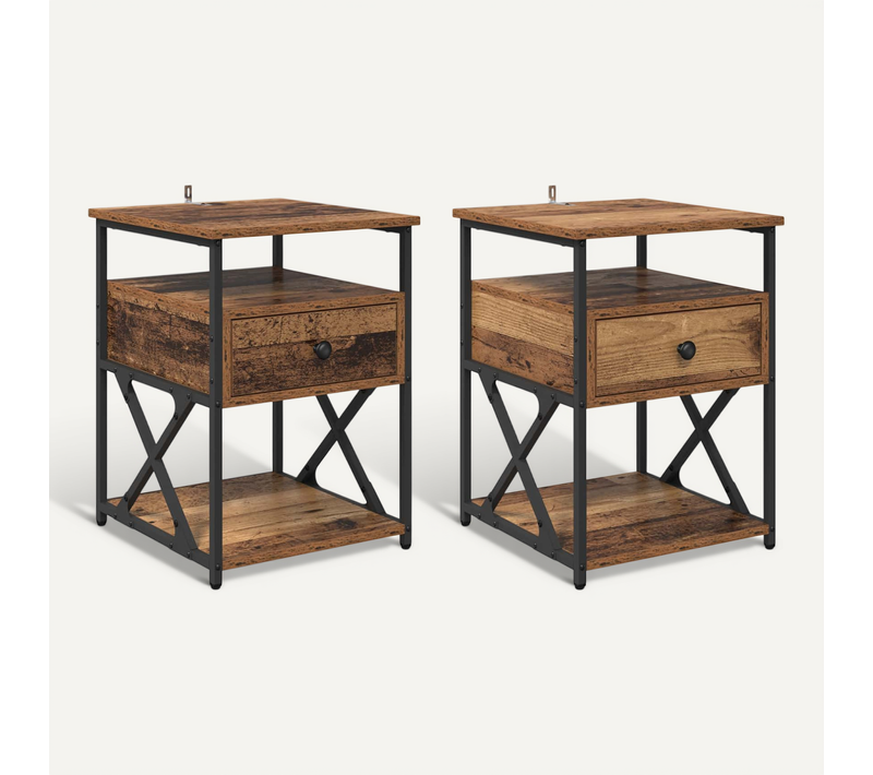 Cabinet De Chevet Avec Tiroir 2 Pièces Bois Ancien 40 X 42 X 55 Cm