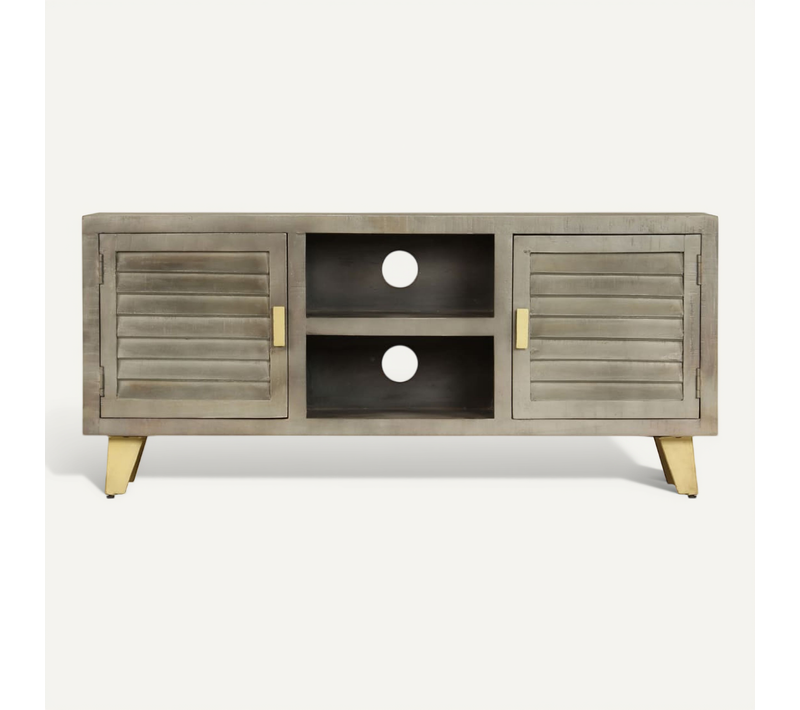 Meuble TV Bois Solide De Manguier Gris Avec Laiton 110x30x48 Cm