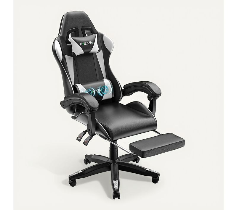 Chaise Gaming, Fauteuil Gamer Avec Massage Lombaire, Chaise De Jeu Repose-pieds, blanc
