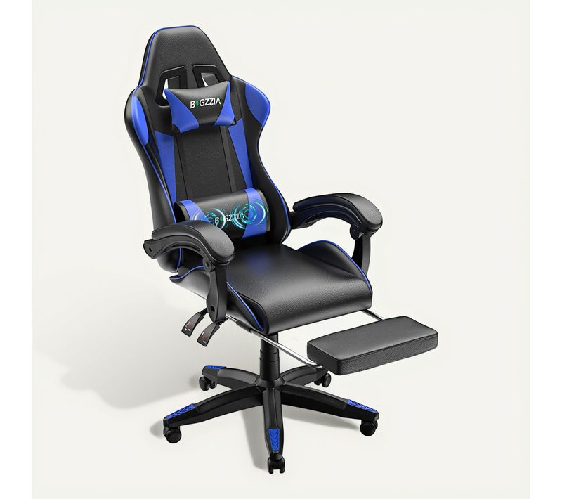 Chaise Gaming, Fauteuil Gamer Avec Massage Lombaire, Chaise De Jeu Repose-pieds, bleu