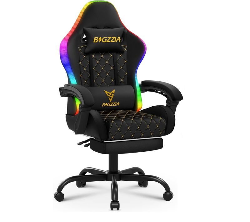 Chaise Gaming, Fauteuil Gamer Repose-pieds Rétractable Et LED Rgb, Chaise De Jeu, noir
