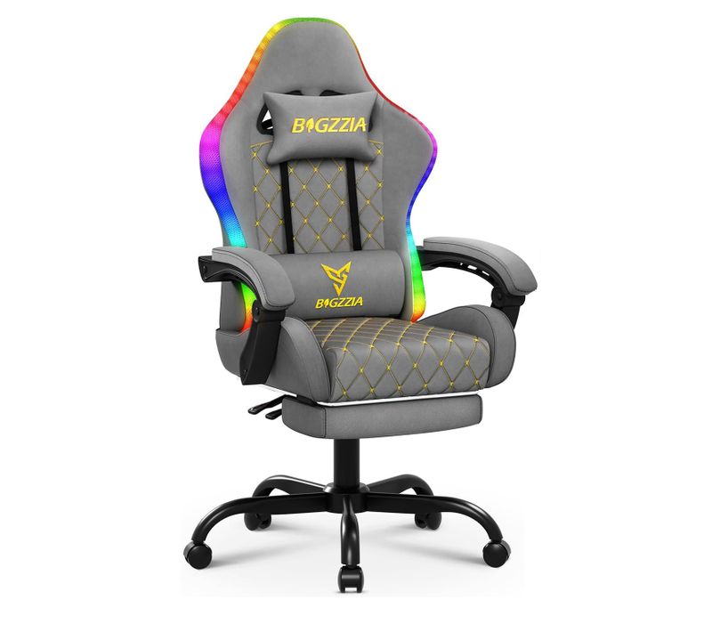 Chaise Gaming, Fauteuil Gamer Repose-pieds Rétractable Et LED Rgb, Chaise De Jeu, gris