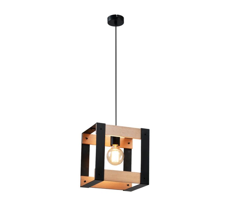 Suspension Bois Métal Noir E27 Diam.175cm 1 Douille Industrielle Suspension Rétro