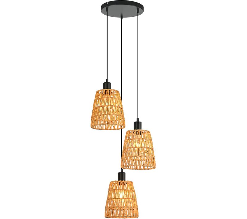 Suspension Rotin Boho 3 Lampes E27 Lustre Vintage Tressé Luminaire Cuisine Salle à Manger