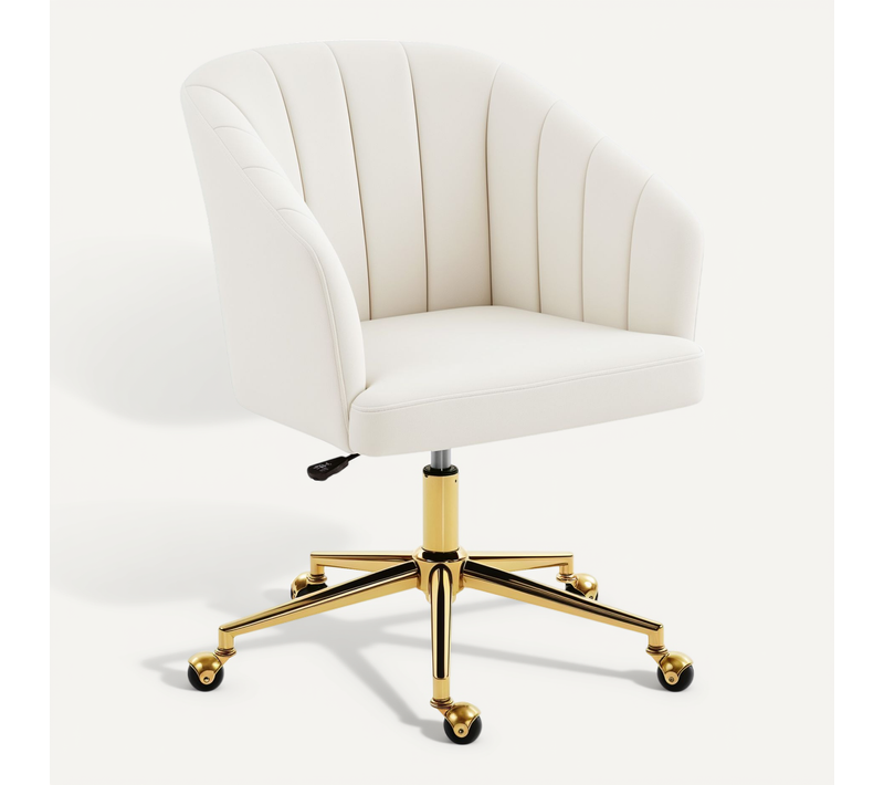 Chaise Bureau Aspect Velours Mousse Réglable Hauteur Roulettes Acier Blanc Crème