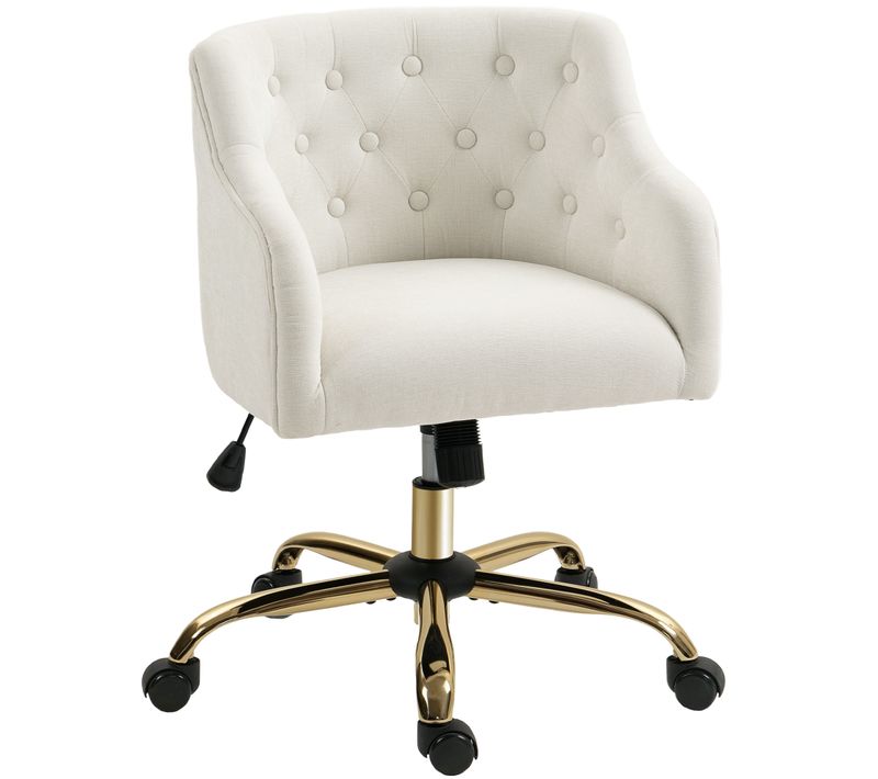 Chaise De Bureau Rembourrée, Aspect Lin, Pieds Dorés, Réglable En Hauteur, Beige