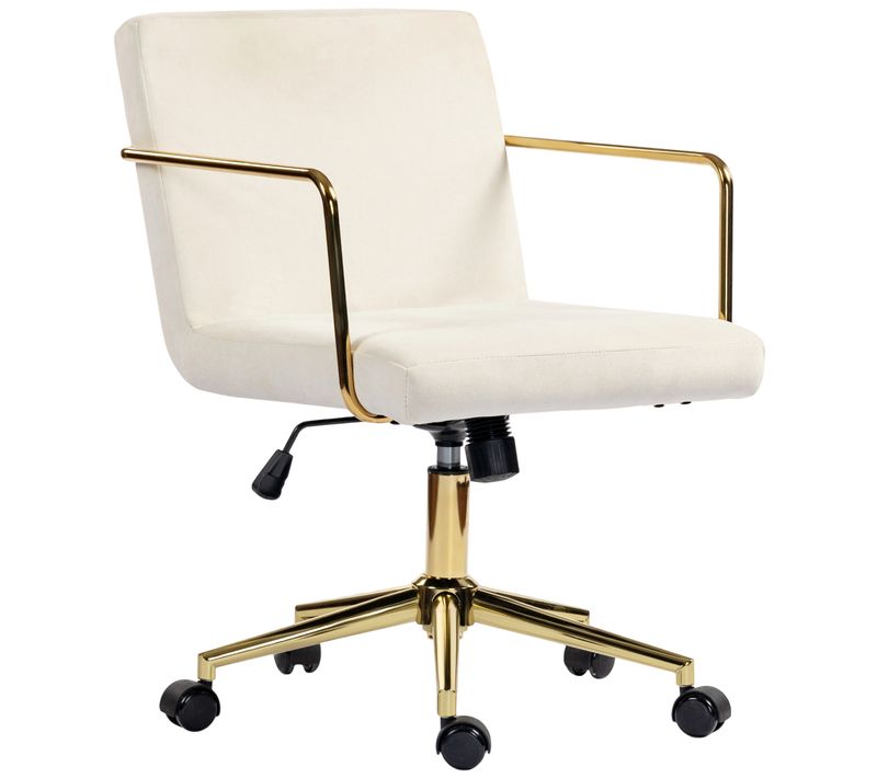Chaise Bureau Roulettes Détails Dorés Ordinateur Métal Velours Blanc Crème