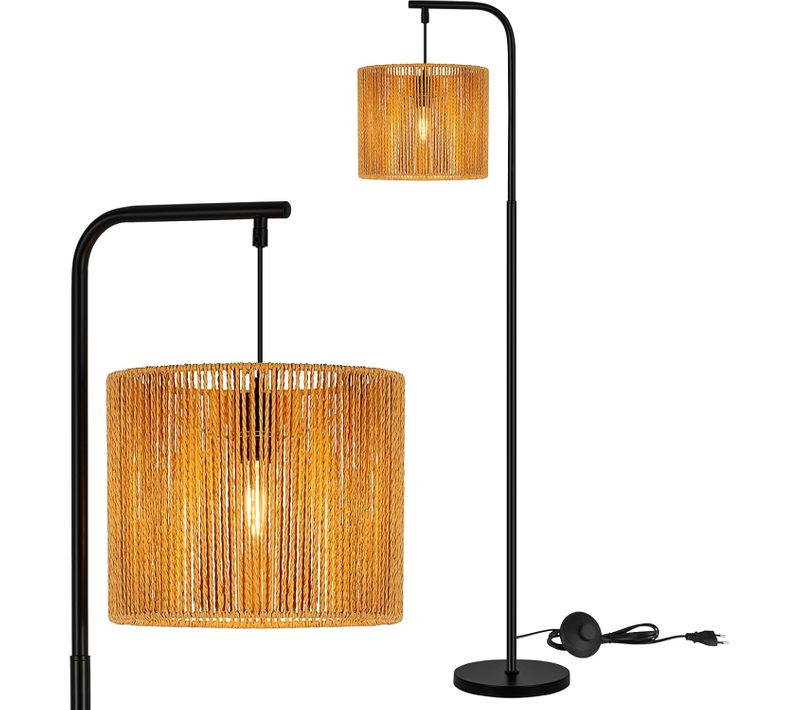 Lampadaire Boho Arc Noir : Abat-jour Corde, E27, 164cm, Interrupteur Pied, Salon.
