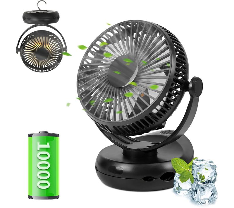 Ventilateur De Table Noir Mini USB Silencieux 4 Vitesses Avec Batterie 10000mah Et Rotation 360°