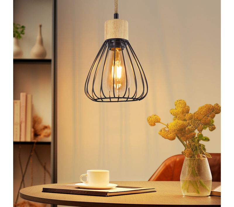 Suspension Salle à Manger 1 Flamme Noir Rétro Corde De Chanvre En Bois E27 Lampe Suspendue Escalier