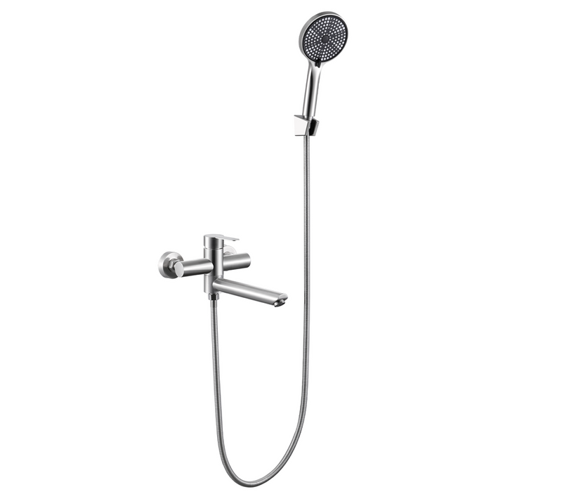 Mitigeur De Baignoire Avec Douchette, Robinet Mural En Acier Inoxydable Brossé, Commande Monolevier