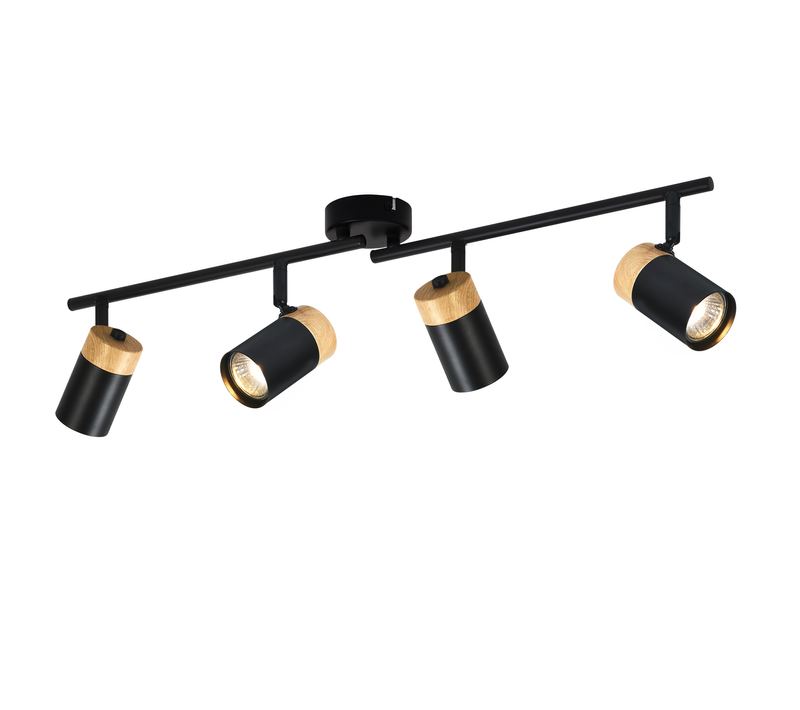 Plafonnier 4 Spots Bois Gu10 Noir Orientable 330° Salon Cuisine Enfant