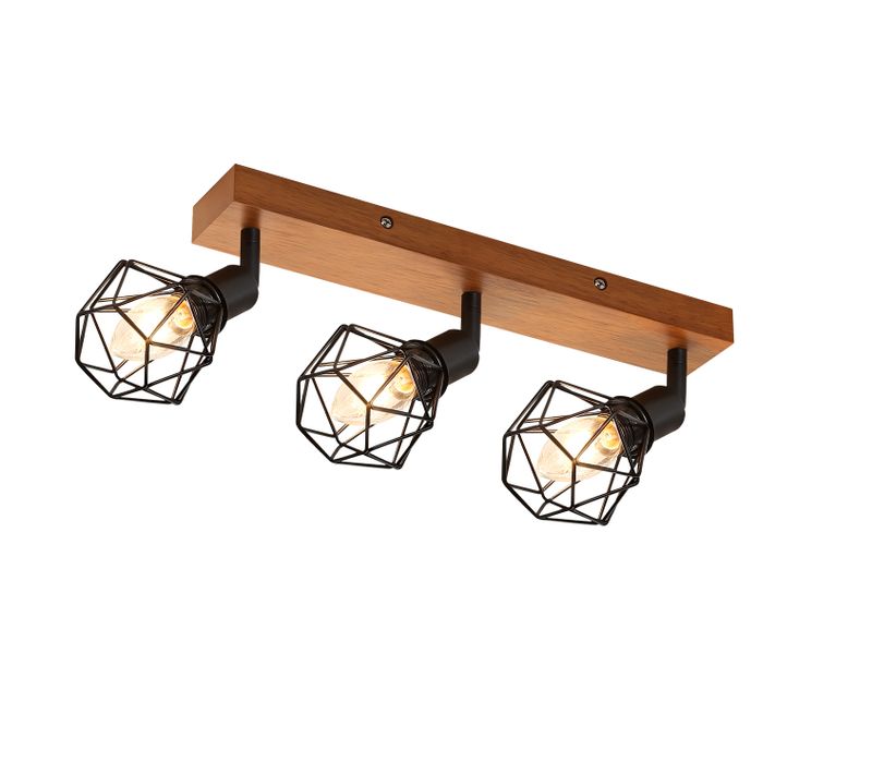 Plafonnier 3 Spots E14 Bois Noir Métal Rétro Orientable 350° Salon Cuisine