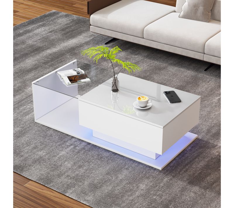 Table Basse Avec éclairage LED Et Plateau En Verre - Panneau De Particules - Blanc - 100x50x32 Cm