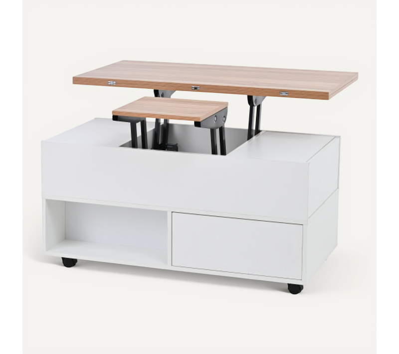 Table Basse Relevable Et Extensible Avec 4 Tiroirs - Mdf - Blanc Et Chêne - 100x50x52 Cm