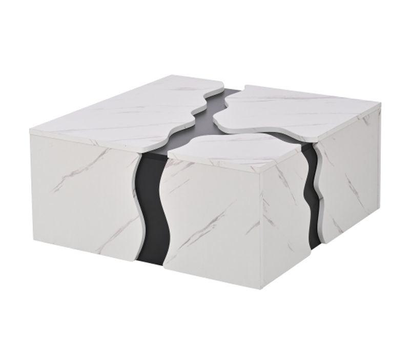 Table Basse Avec Tiroir Et Effet Marbre - Mdf - Blanc - 70x70x31 Cm
