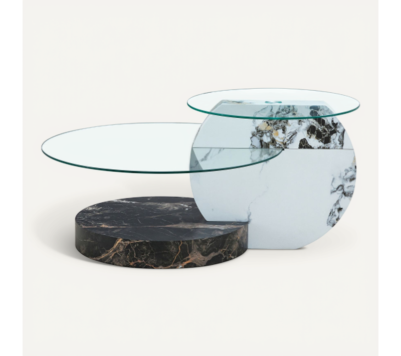 Table Basse à Deux Niveaux Avec Plateau En Verre - Mdf Et Verre - Noir Et Blanc - 90x70x44 Cm