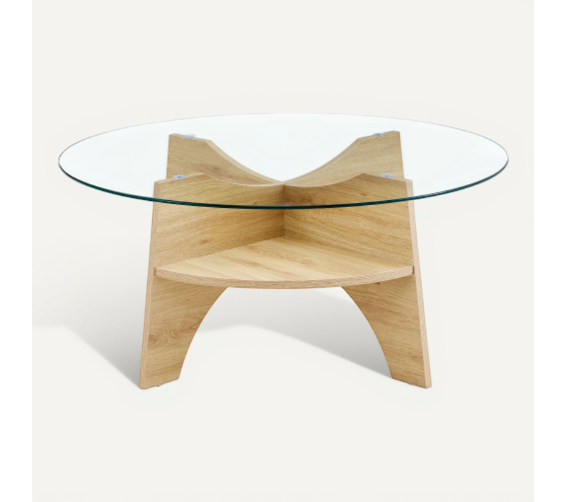 Table Basse Ronde Avec Plateau Fixe - Mdf Et Verre - Bois Naturel Et Transparent - 80x80x36 Cm