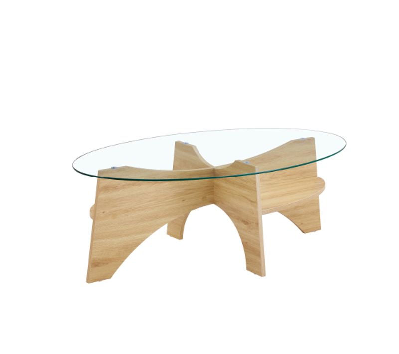 Table Basse Ovale Avec Rangement - Mdf Et Verre - Bois Clair Et Transparent - 104,9x60x35,6 Cm