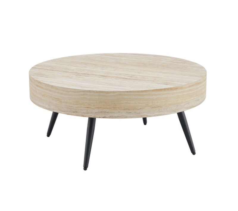 Table Basse Ronde Avec Plateau Fixe - Mdf Et Métal - Bois Clair Et Noir - 70x70x35,5 Cm