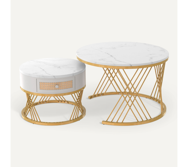 Table Basse Lot De 2 Avec Tiroir - Mdf - Blanc Et Or - 70x70x45,5/50x50x38,5 Cm