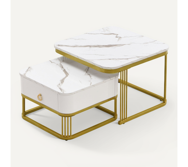 Table Basse Gigogne Avec Tiroir - Mdf - Blanc Et Or - 60x60x45+50x50x34 Cm