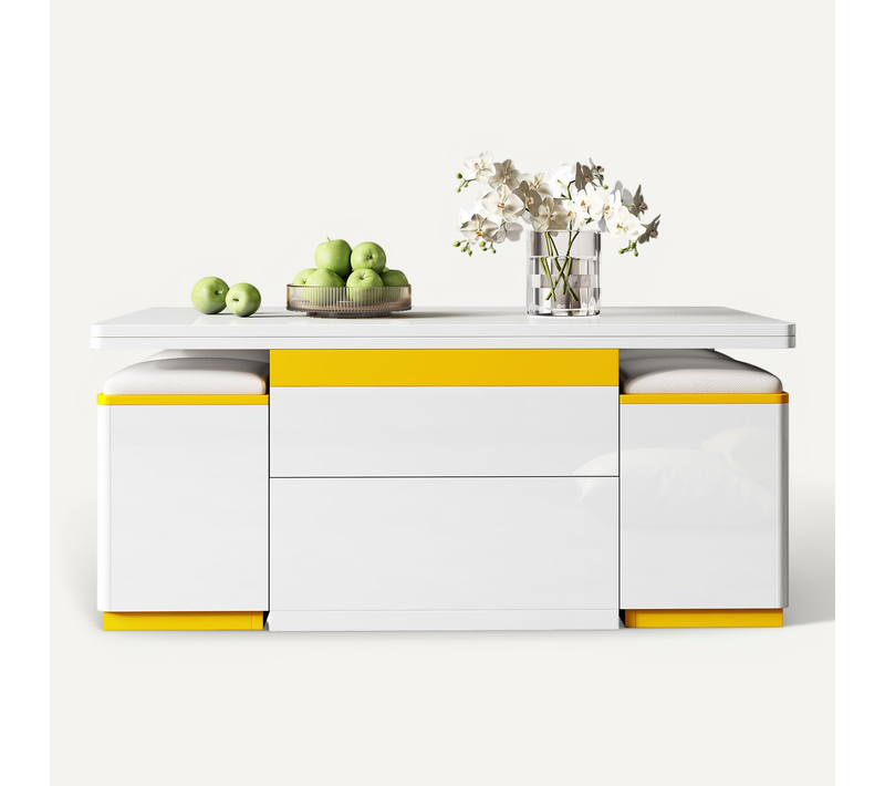 Table Basse Relevable Et Extensible Avec 4 Tabourets - Mdf - Blanc Et Jaune - 100x50x43 Cm