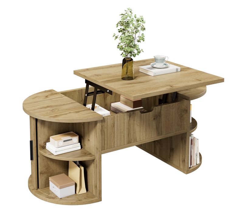 Table Basse Relevable Avec Rangement - Mdf - Chêne - 100x50x40,5 Cm