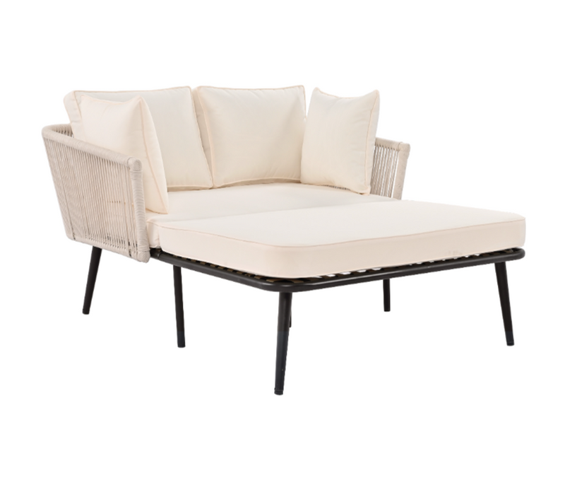 Ensemble Salon De Jardin - Avec Méridienne - Métal Et Corde - Beige