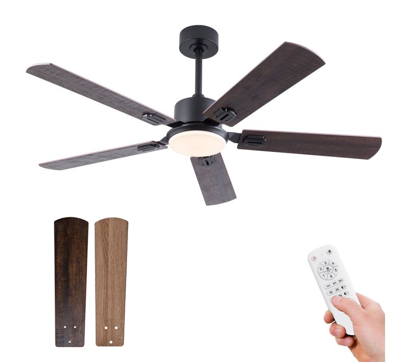Ventilateur De Plafond Avec Lampe - Bois Massif - Noir Et Noyer - 132x132x37cm