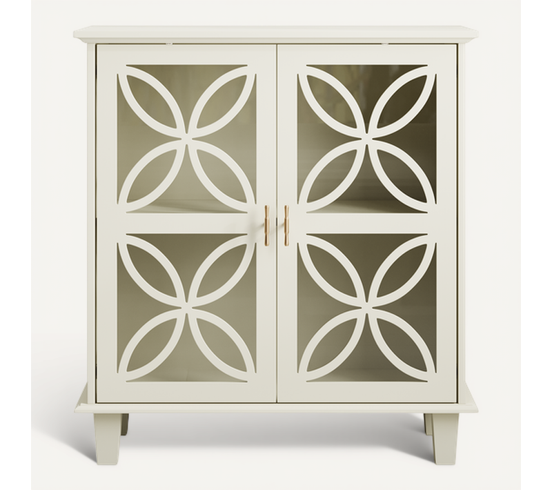 Buffet En Mdf Et Verre Trempé - Couleur Crème - 80 X 38 X 87 Cm
