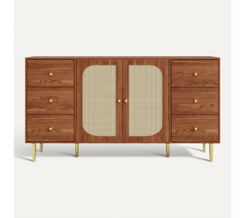 Buffet En Mdf Et Rotin - Couleur Bois - 160 X 40 X 90 Cm