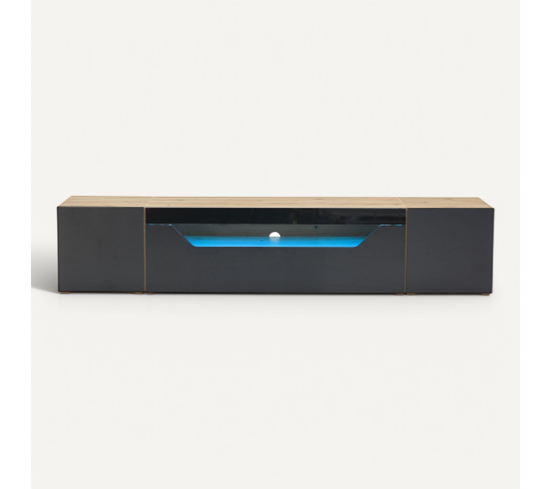 Meuble TV Mdf - Noir + Bois Naturel - 180x37x36 Cm