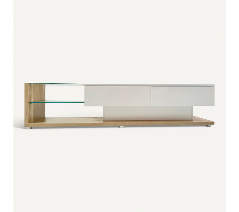 Meuble TV - Mdf - Blanc Et Bois - 170x36x38 Cm