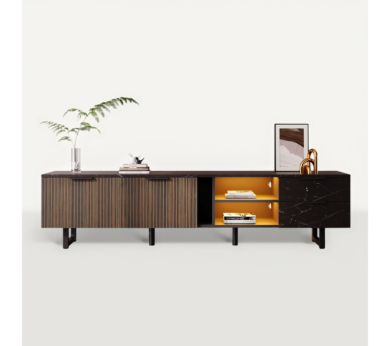 Meuble TV - Mdf - Noir Et Bois - 200x38x50 Cm