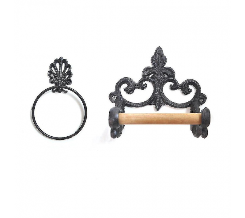 Black Toilet Roll Holder Towel Holder Set,bathroom Cast Iron Towel Ring Toilet Roll Holder